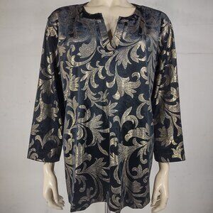 NWT Chico's black gold foiled velvet notch neck blouse top womens size 4